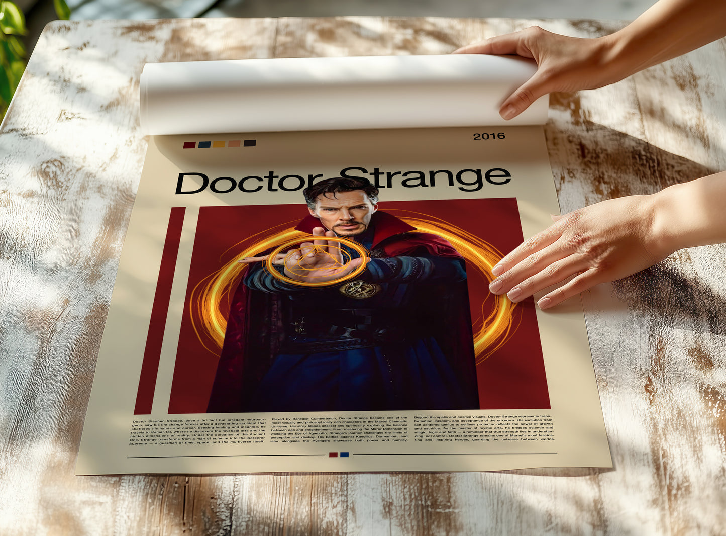 Stylish Doctor Strange Poster in 3D-Design. Zeigt den Sorcerer Supreme mit gold-orange leuchtenden magischen Energiekreisen vor einem dunklen Hintergrund. Perfekt als Wanddeko für Marvel- oder Filmfans.