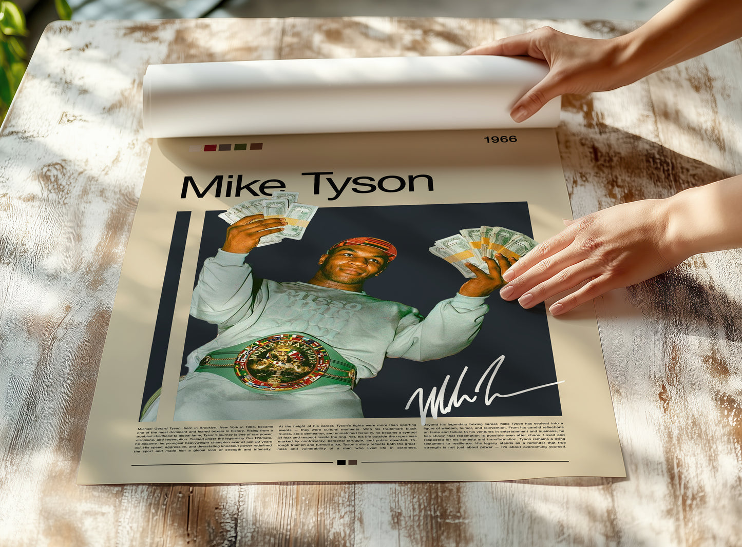 Vintage Mike Tyson poster featuring the boxer proudly holding stacks of cash while wearing his championship belt. Retro beige and dark background design inspired by 90s sports photography. Perfect for boxing fans, collectors, and motivational wall decor lovers.