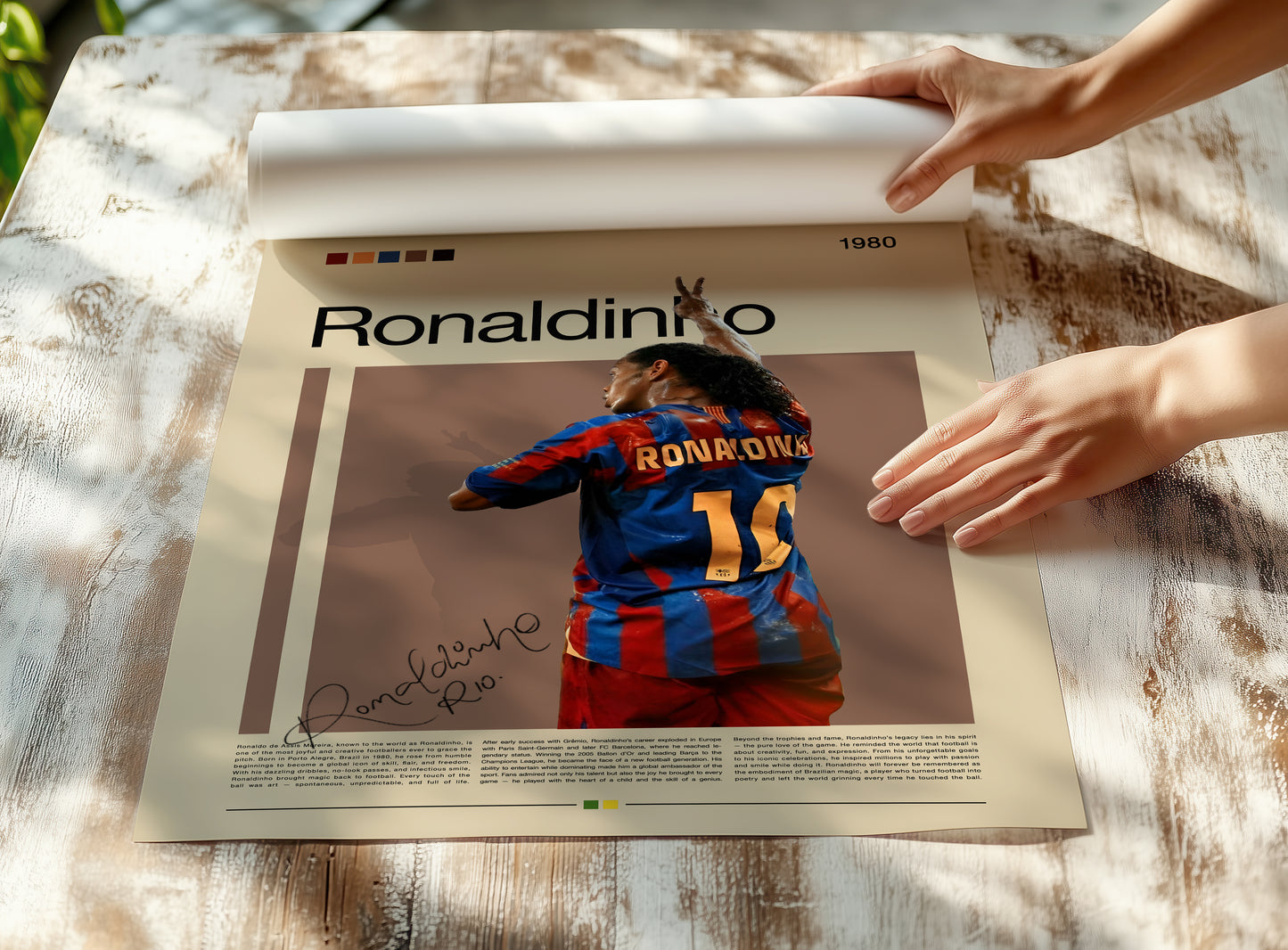 Vintage Ronaldinho poster featuring the Brazilian football legend in his FC Barcelona jersey with number 10. Captures the joy, creativity, and magic of his playing style. Perfect wall art for football lovers, collectors, and fans of beautiful, expressive sports design in a modern vintage aesthetic.
