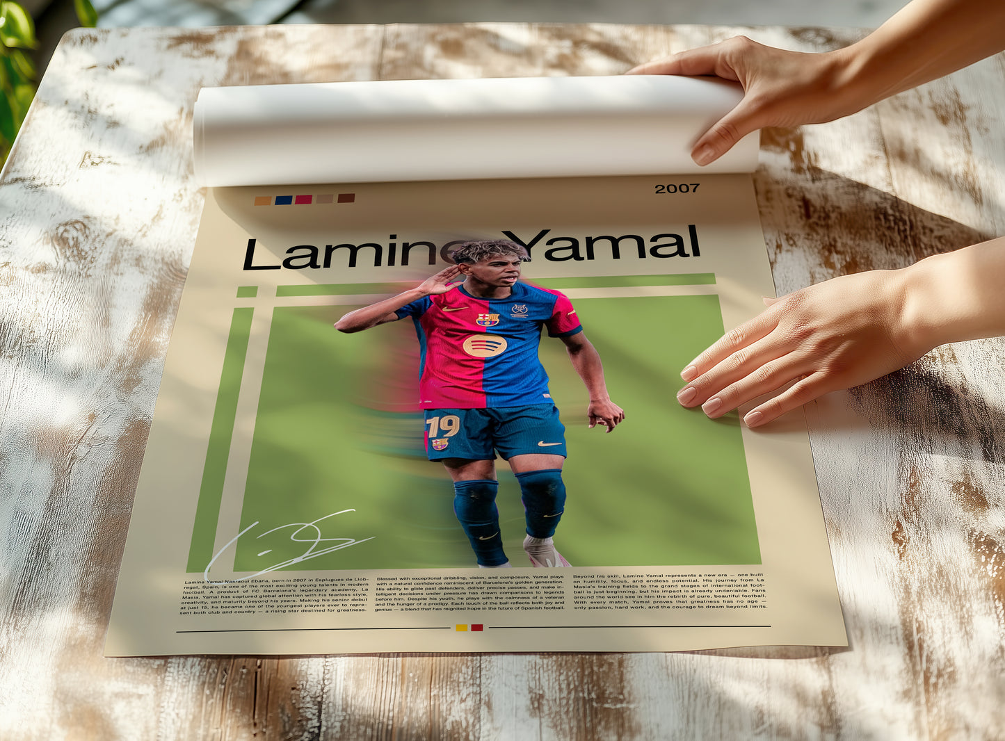 Poster of Lamine Yamal, Barcelona’s young football star, celebrating on the field in a red-blue jersey. Stylish vintage layout with modern beige background and green graphic accents. A motivational sports art print representing youth, dreams and football passion — perfect for collectors and fans.