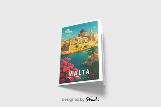Grußkarte Malta | A6 Reisekarte | Urlaubskarte mit Blumen und Meer | Sommerkarte Mittelmeer | Geschenkidee für Reiseliebhaber | Architektur