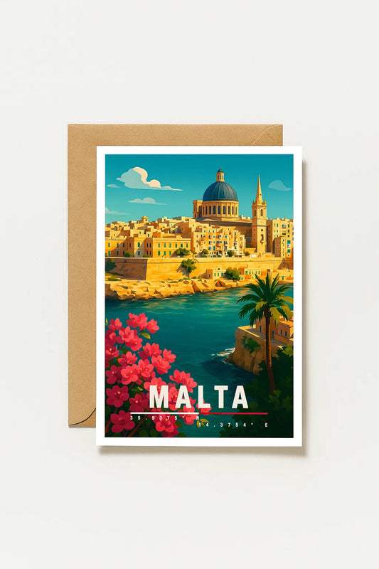 Grußkarte Malta | A6 Reisekarte | Urlaubskarte mit Blumen und Meer | Sommerkarte Mittelmeer | Geschenkidee für Reiseliebhaber | Architektur