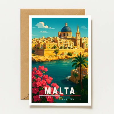 Malta Reisekarte Urlaubskarte Mit Blumen Und Meer Sommerkarte Mittelmeer Geschenkidee Für Reiseliebhaber Architektur