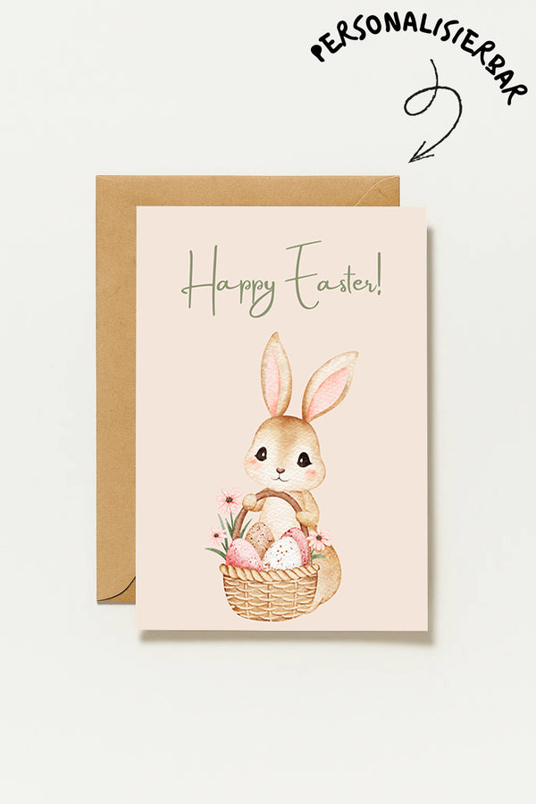 Osterkarte Hase mit Eierkorb – Happy Easter Karte – Niedliche Oster Grußkarte – Frühling Osterkarte – Ostergrüße Karte