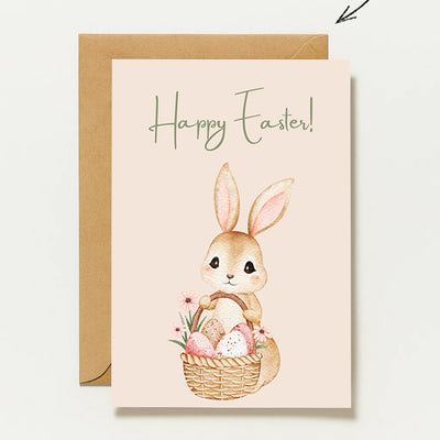 Osterkarte Hase mit Eierkorb – Happy Easter Karte – Niedliche Oster Grußkarte – Frühling Osterkarte – Ostergrüße Karte