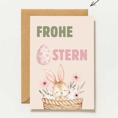 Frohe Ostern Karte Hase im Korb – Niedliche Osterkarte – Aquarell Oster Grußkarte – Frühlingskarte