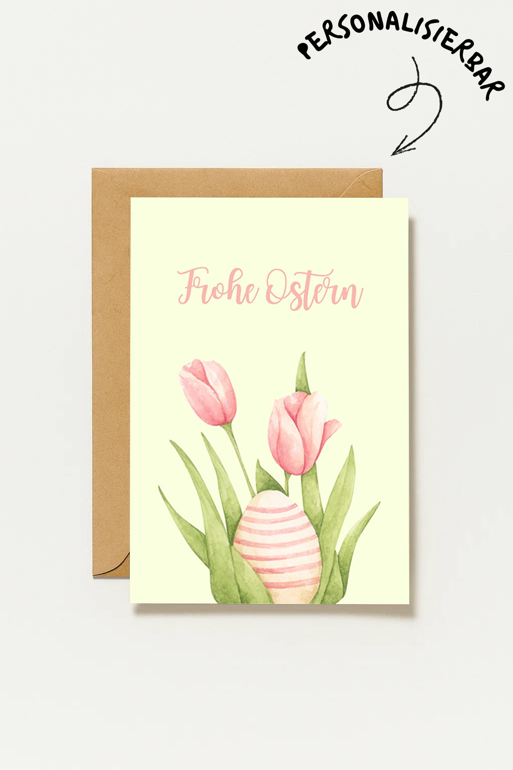 Elegante Osterkarte mit Tulpen und Osterei Illustration im Aquarell Stil. Sanfte Pastellfarben mit dem Schriftzug „Frohe Ostern“. Perfekt als Frühlings Grußkarte oder Osterkarte für Familie und Freunde.
