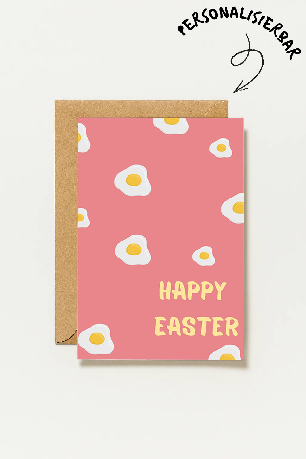 Moderne Osterkarte mit rosa Hintergrund und Eier Muster Illustration. Auf der Vorderseite steht „Happy Easter“. Minimalistisches Design mit goldener Umschlag Mockup. Perfekt als moderne Oster Grußkarte.
