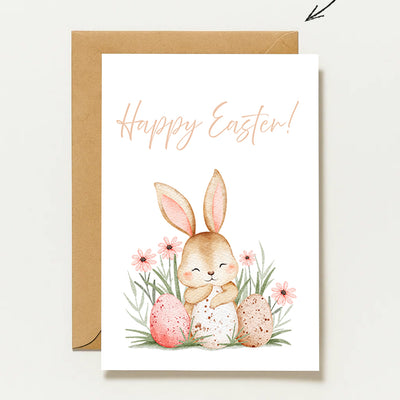 Osterkarte Hase mit Ostereiern – Happy Easter Grußkarte – Niedliche Osterkarte – Frühlingskarte – Oster Grußkarte