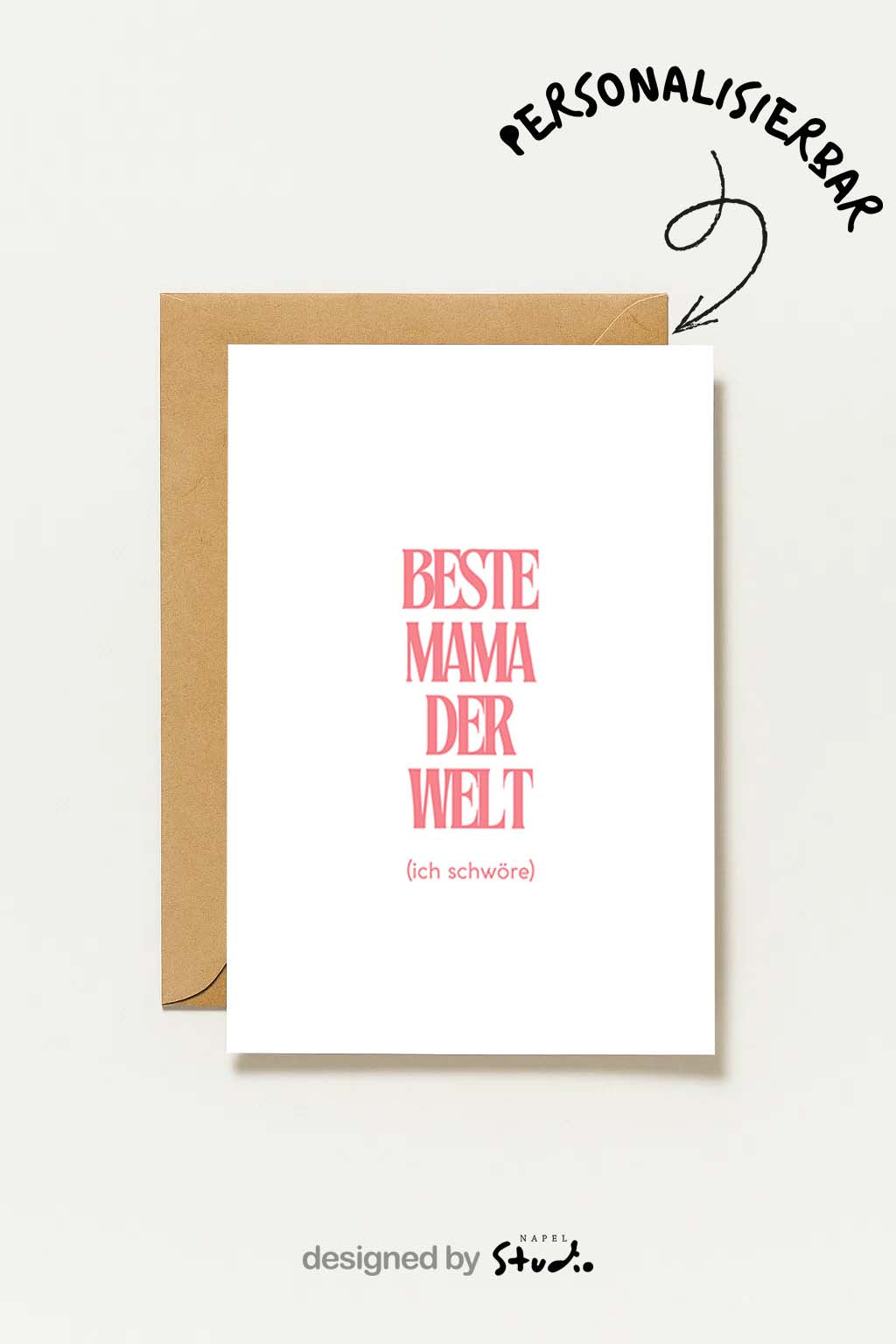 Minimalistisch gestaltete Grußkarte mit dem Schriftzug „Beste Mama der Welt (ich schwöre)“ in großer eleganter rosa Typografie auf hellem, neutralem Hintergrund. Das Design wirkt modern, feminin und stilvoll und eignet sich perfekt als Muttertagskarte, Geburtstagskarte oder liebevolle Botschaft für die eigene Mutter. Die klare Serifenschrift steht mittig auf der Karte und vermittelt Wertschätzung, Humor und Liebe. Ideal als Geschenk für Mama zum Muttertag oder als kleine Aufmerksamkeit, um der besten Mama d