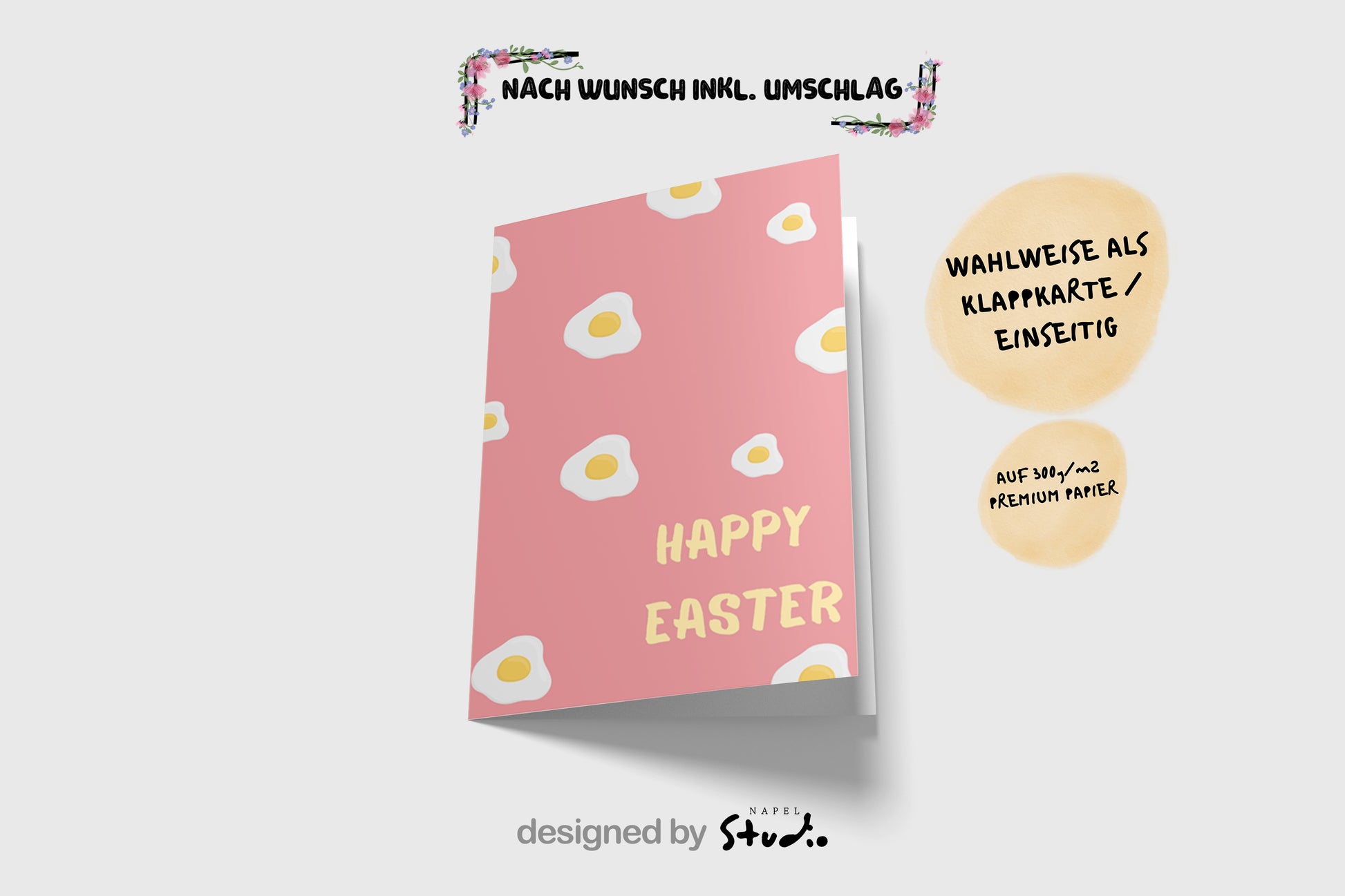 Moderne Osterkarte mit rosa Hintergrund und Eier Muster Illustration. Auf der Vorderseite steht „Happy Easter“. Minimalistisches Design mit goldener Umschlag Mockup. Perfekt als moderne Oster Grußkarte.
