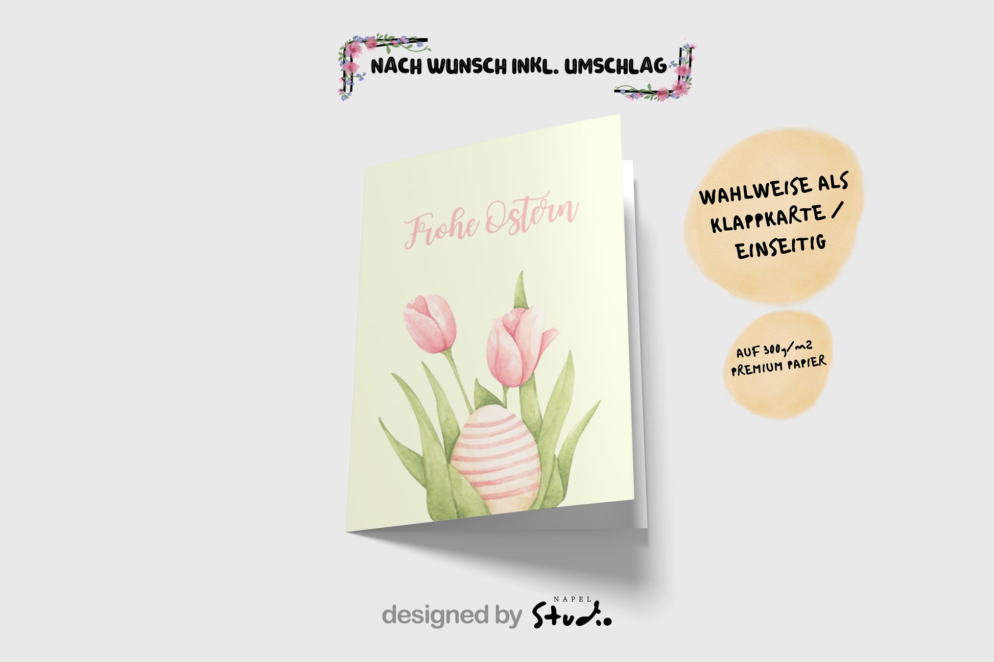 Elegante Osterkarte mit Tulpen und Osterei Illustration im Aquarell Stil. Sanfte Pastellfarben mit dem Schriftzug „Frohe Ostern“. Perfekt als Frühlings Grußkarte oder Osterkarte für Familie und Freunde.
