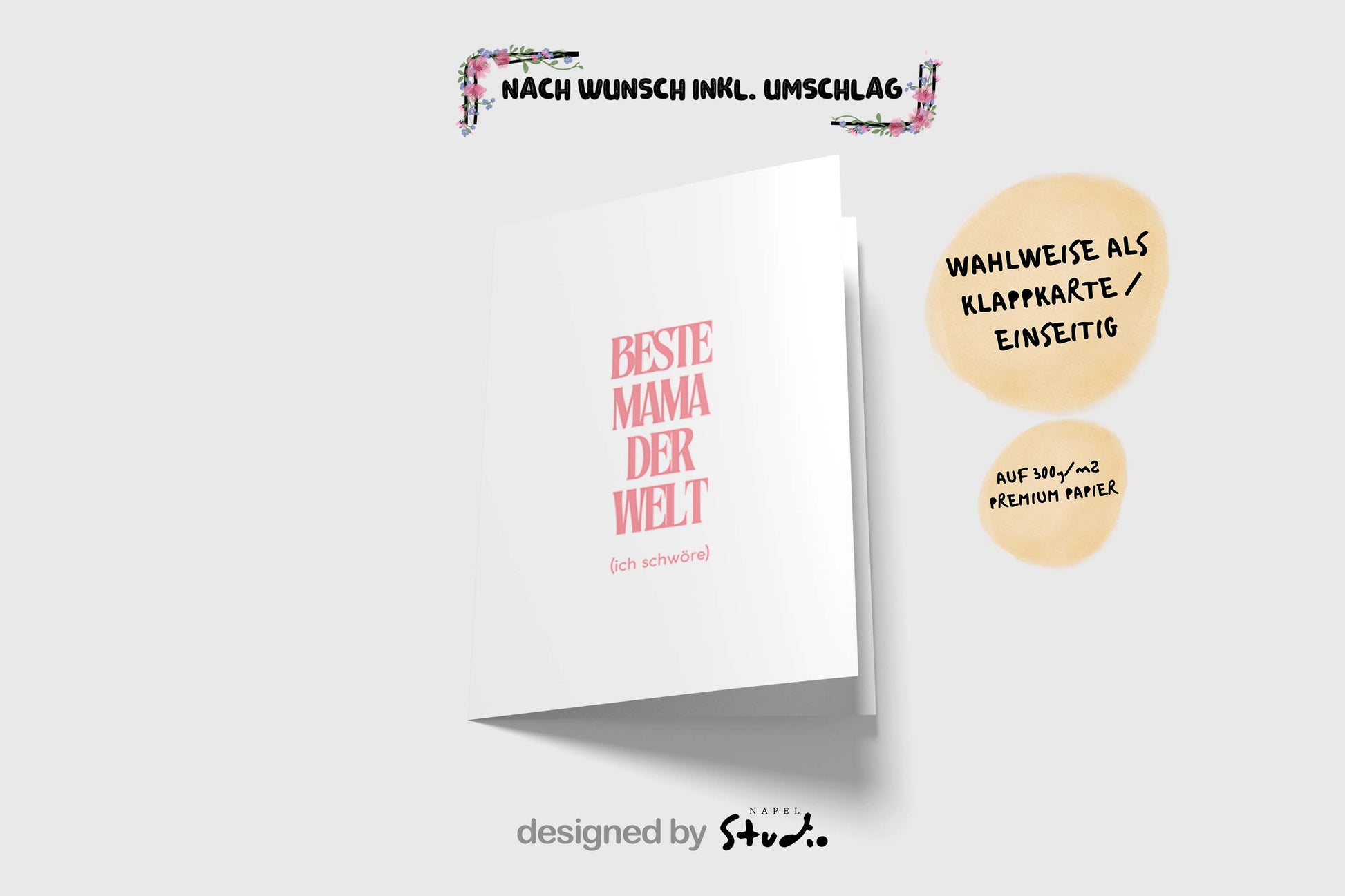 Minimalistisch gestaltete Grußkarte mit dem Schriftzug „Beste Mama der Welt (ich schwöre)“ in großer eleganter rosa Typografie auf hellem, neutralem Hintergrund. Das Design wirkt modern, feminin und stilvoll und eignet sich perfekt als Muttertagskarte, Geburtstagskarte oder liebevolle Botschaft für die eigene Mutter. Die klare Serifenschrift steht mittig auf der Karte und vermittelt Wertschätzung, Humor und Liebe. Ideal als Geschenk für Mama zum Muttertag oder als kleine Aufmerksamkeit, um der besten Mama d