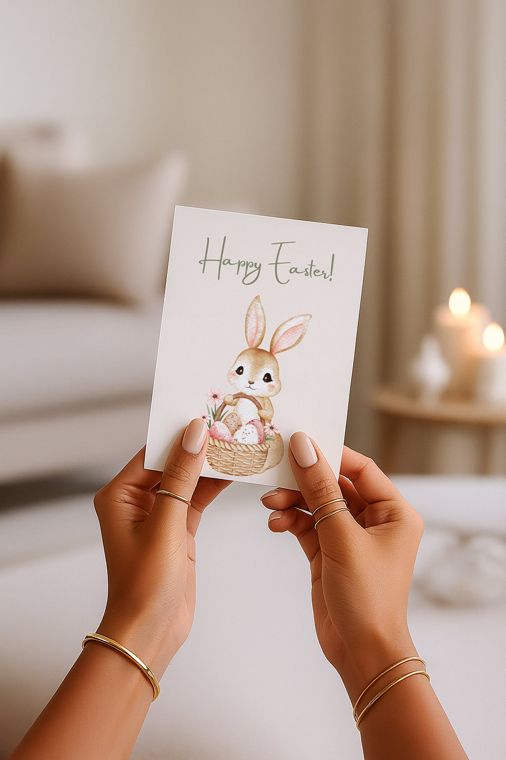 Niedliche Osterkarte mit einem kleinen Hasen, der einen Korb mit bunten Ostereiern hält. Aquarell Stil Illustration mit Blumen und sanften Frühlingsfarben. Oben steht „Happy Easter“. Perfekt als Oster Grußkarte für Familie, Freunde oder Kinder.
