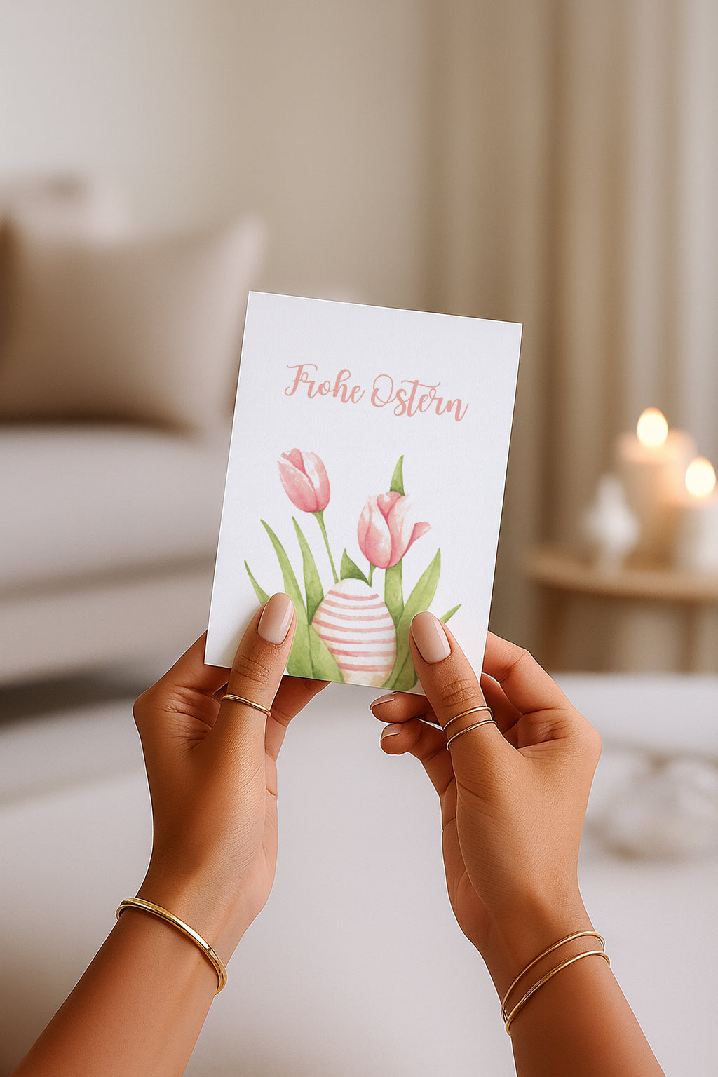 Elegante Osterkarte mit Tulpen und Osterei Illustration im Aquarell Stil. Sanfte Pastellfarben mit dem Schriftzug „Frohe Ostern“. Perfekt als Frühlings Grußkarte oder Osterkarte für Familie und Freunde.
