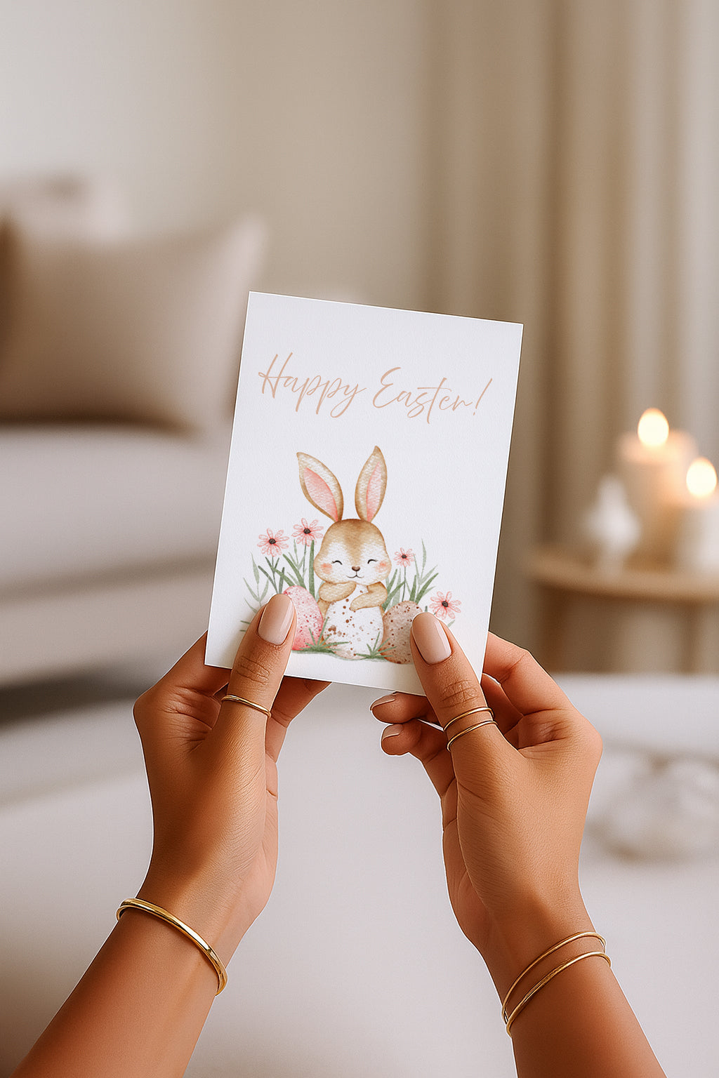 Süße Osterkarte mit einem niedlichen Hasen, der zwischen bunten Ostereiern und Frühlingsblumen sitzt. Aquarell Illustration mit sanften Pastellfarben und dem Schriftzug „Happy Easter“. Perfekt für Ostergrüße an Familie und Freunde.