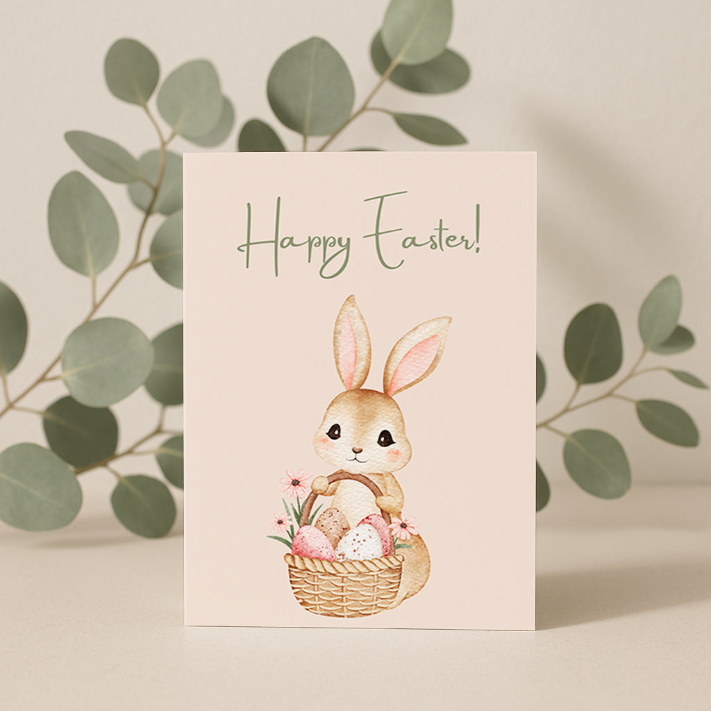 Niedliche Osterkarte mit einem kleinen Hasen, der einen Korb mit bunten Ostereiern hält. Aquarell Stil Illustration mit Blumen und sanften Frühlingsfarben. Oben steht „Happy Easter“. Perfekt als Oster Grußkarte für Familie, Freunde oder Kinder.
