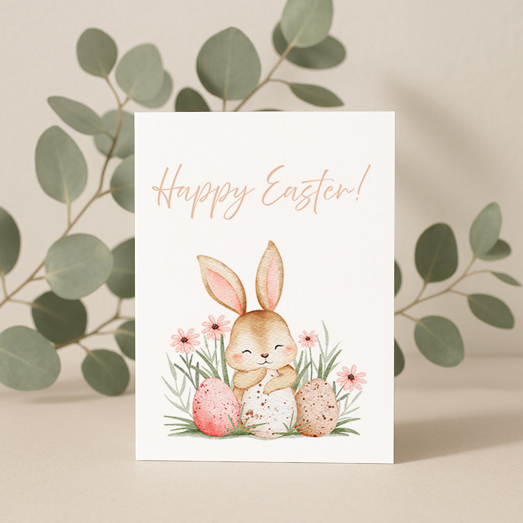 Süße Osterkarte mit einem niedlichen Hasen, der zwischen bunten Ostereiern und Frühlingsblumen sitzt. Aquarell Illustration mit sanften Pastellfarben und dem Schriftzug „Happy Easter“. Perfekt für Ostergrüße an Familie und Freunde.