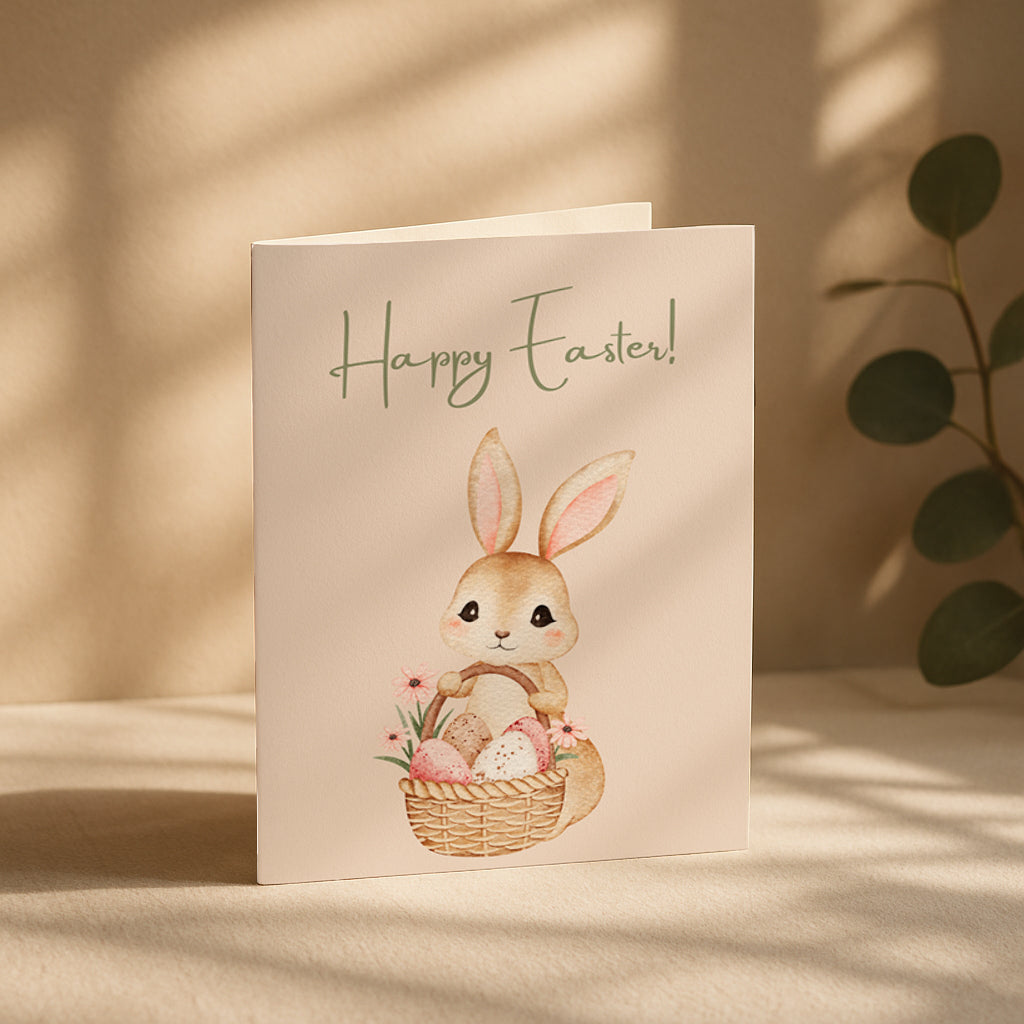 Niedliche Osterkarte mit einem kleinen Hasen, der einen Korb mit bunten Ostereiern hält. Aquarell Stil Illustration mit Blumen und sanften Frühlingsfarben. Oben steht „Happy Easter“. Perfekt als Oster Grußkarte für Familie, Freunde oder Kinder.

