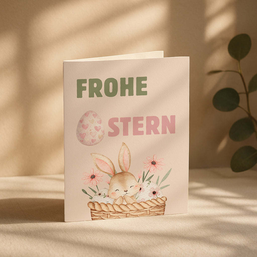 Niedliche Osterkarte mit einem kleinen Hasen in einem Korb mit Blumen und Ostereiern. Aquarell Illustration mit Pastellfarben und dem Schriftzug „Frohe Ostern“. Perfekt als Oster Grußkarte für Familie und Freunde.