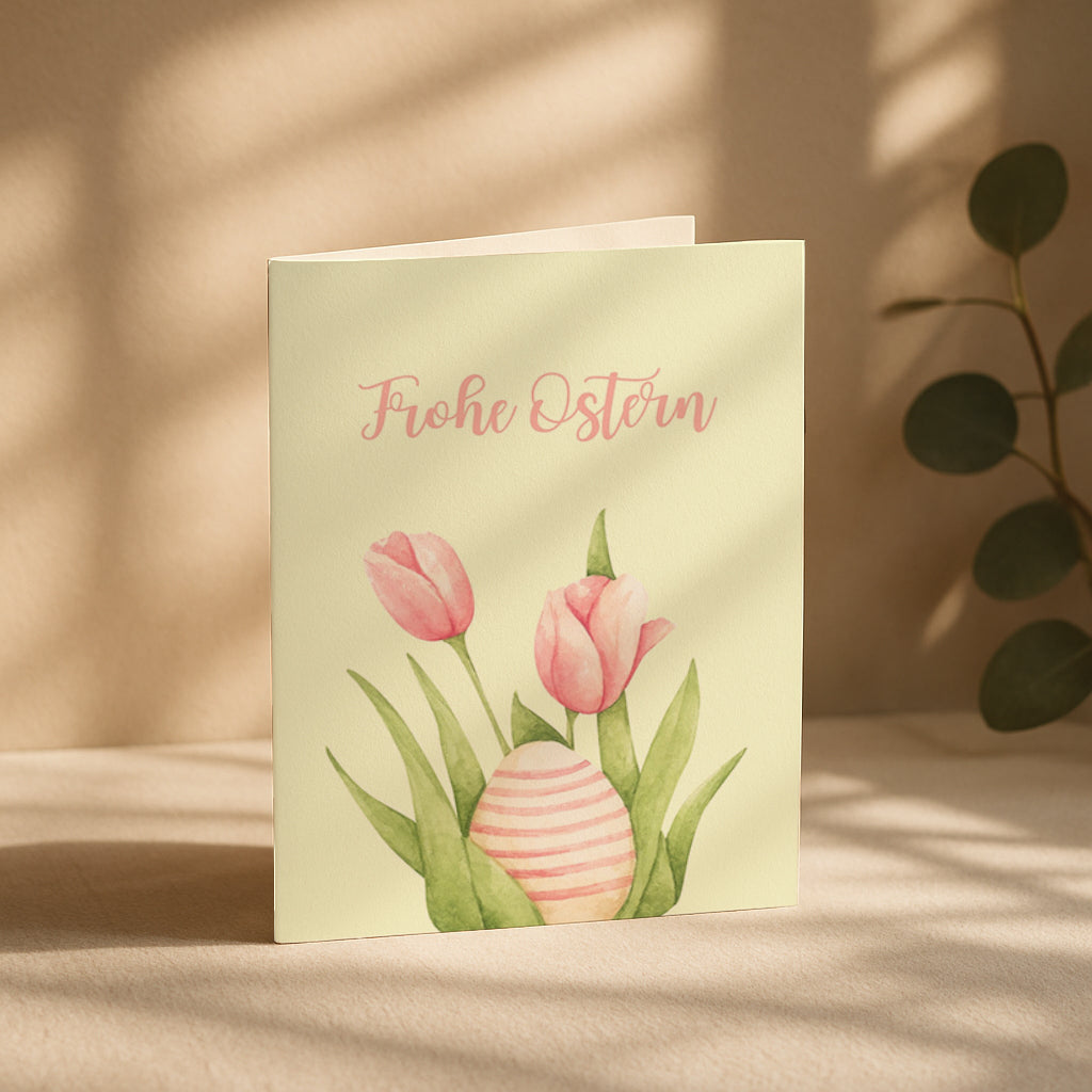 Elegante Osterkarte mit Tulpen und Osterei Illustration im Aquarell Stil. Sanfte Pastellfarben mit dem Schriftzug „Frohe Ostern“. Perfekt als Frühlings Grußkarte oder Osterkarte für Familie und Freunde.
