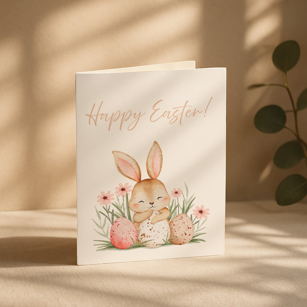 Süße Osterkarte mit einem niedlichen Hasen, der zwischen bunten Ostereiern und Frühlingsblumen sitzt. Aquarell Illustration mit sanften Pastellfarben und dem Schriftzug „Happy Easter“. Perfekt für Ostergrüße an Familie und Freunde.