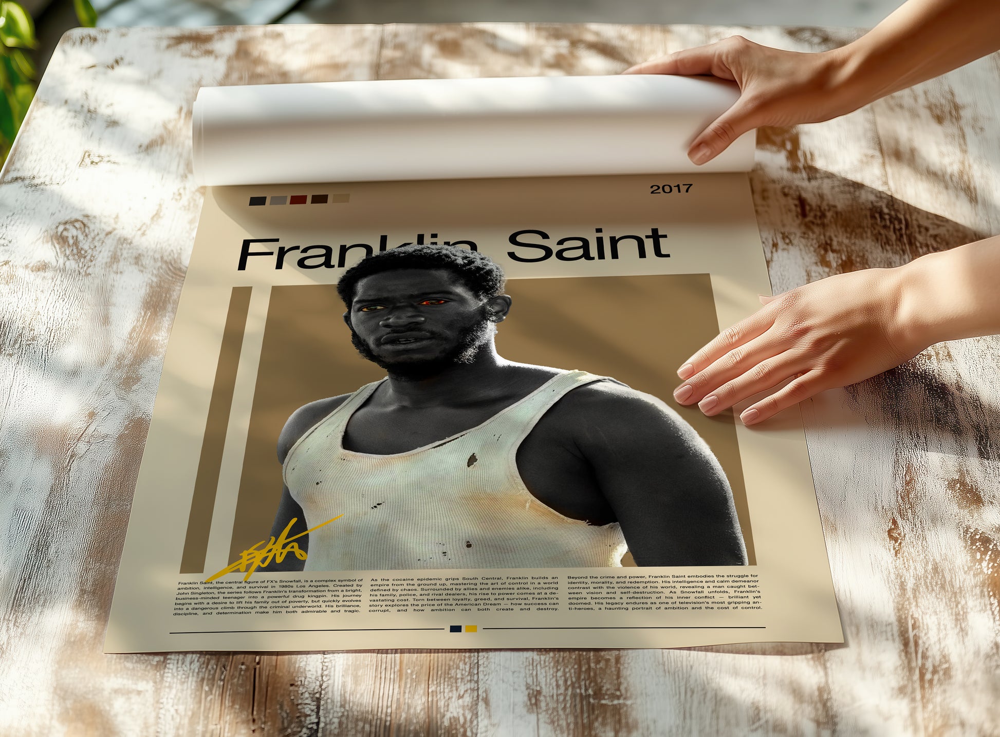Minimalist Franklin Saint poster inspired by the TV show Snowfall. Features a bold portrait design with vintage tones, earthy color palette, and cinematic contrast. Perfect wall art for fans of TV series, urban aesthetics, and modern interiors. High-quality art print on matte paper, ideal for collectors or as a stylish home decor statement.