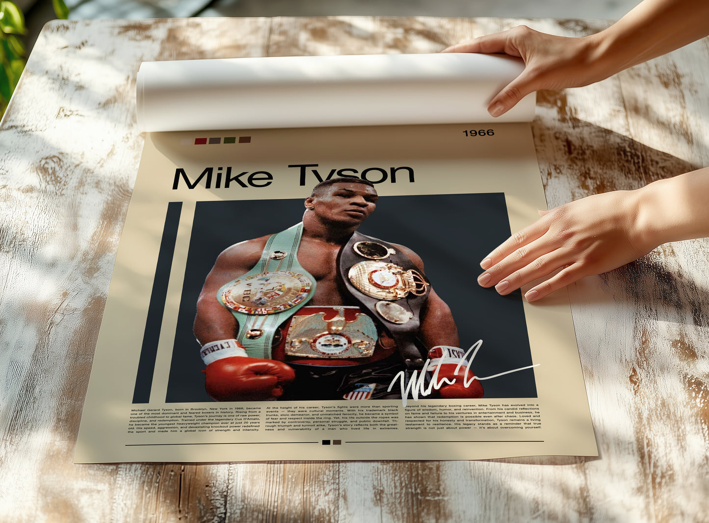 Vintage Mike Tyson poster showing the boxing legend wearing multiple championship belts. Powerful portrait of the heavyweight champion in his prime, symbolizing strength, determination, and legacy. Perfect for sports fans and collectors looking for bold, iconic wall art with a minimalist retro feel.