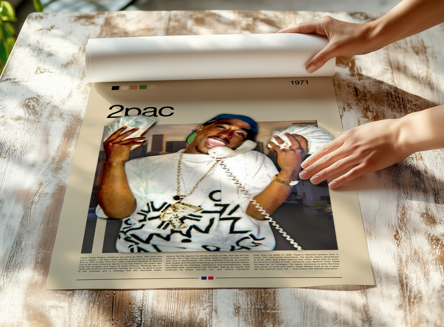 2Pac 3D poster featuring the iconic rapper Tupac Shakur in a 90s West Coast vibe. He’s holding cash and a phone with the Los Angeles skyline in the background. High-quality digital print in street-art style, perfect for living room, studio, or music room. Great gift for rap and hip-hop fans.