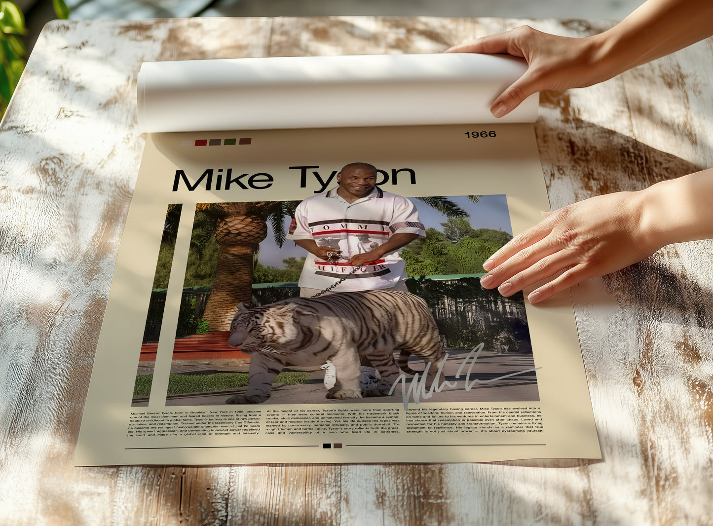 Vintage-style Mike Tyson poster featuring the legendary boxer smiling while walking a white tiger under palm trees. Minimal beige background with red, green, and white color palette. Perfect for boxing fans, collectors, and lovers of retro sports wall art and motivational decor.