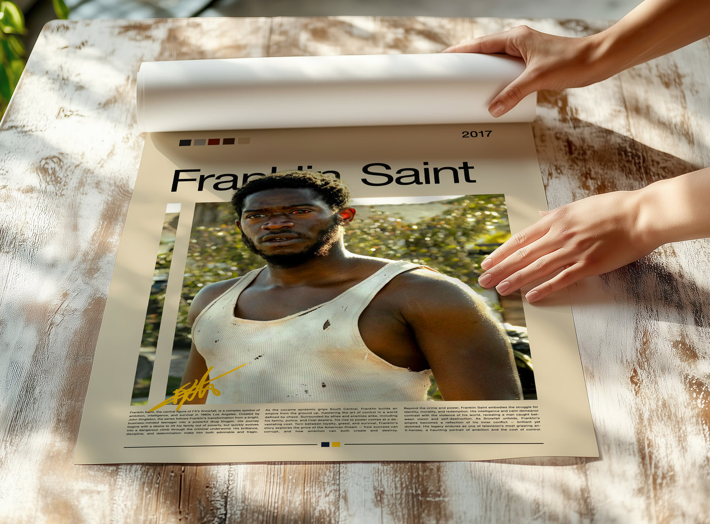 Minimalist Franklin Saint poster inspired by Snowfall. Cinematic composition with warm urban tones, showing Franklin’s struggle and ambition. Perfect for fans of dramatic TV series, collectors of modern art prints, and lovers of realistic storytelling wall decor.