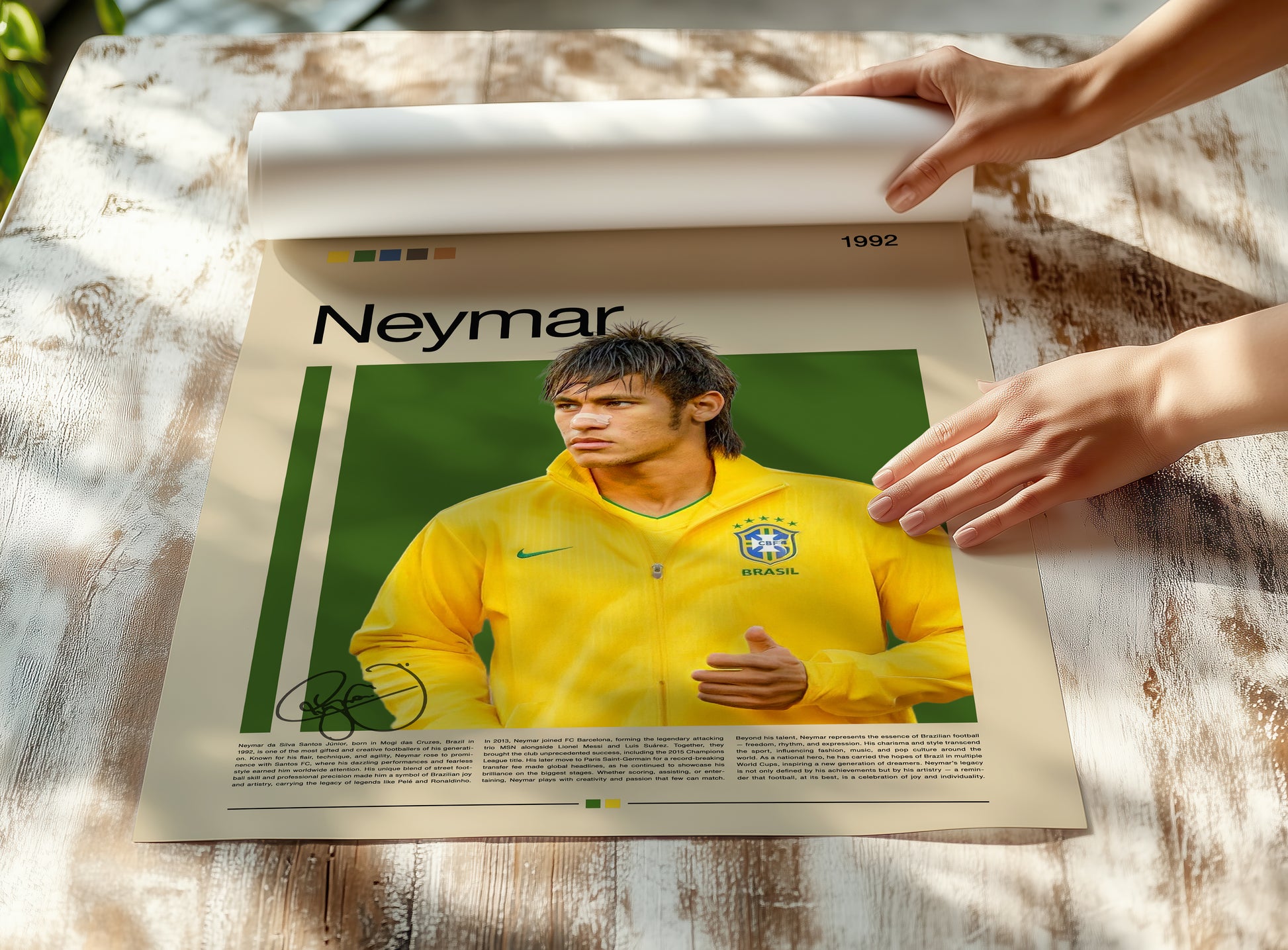 Poster of Neymar Jr in his Brazil training jacket, captured in his early football years. The minimalist artwork features a green and yellow color palette symbolizing Brazil’s passion for the game. Printed on premium matte paper with sharp details and vivid tones, this Neymar wall art celebrates creativity, energy, and the artistic side of football. Ideal for sports fans, collectors, and modern home interiors.