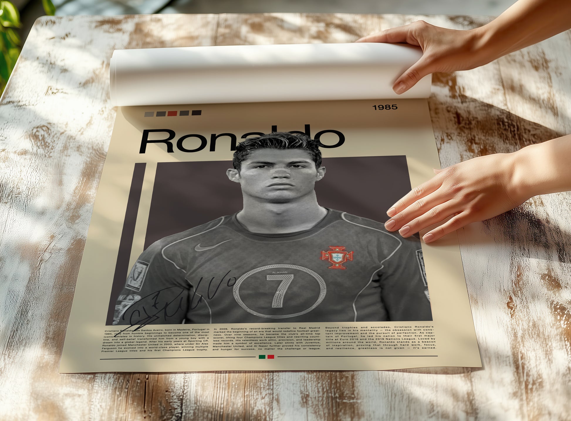 Vintage-style poster of Cristiano Ronaldo in his early Portugal national team era. Features the young athlete in a focused pose wearing the number 7 jersey, symbolizing determination, discipline, and ambition. Perfect wall decor for football fans and sports enthusiasts, printed on matte premium paper with sharp details and vibrant tones — ideal for home, studio, or office display.