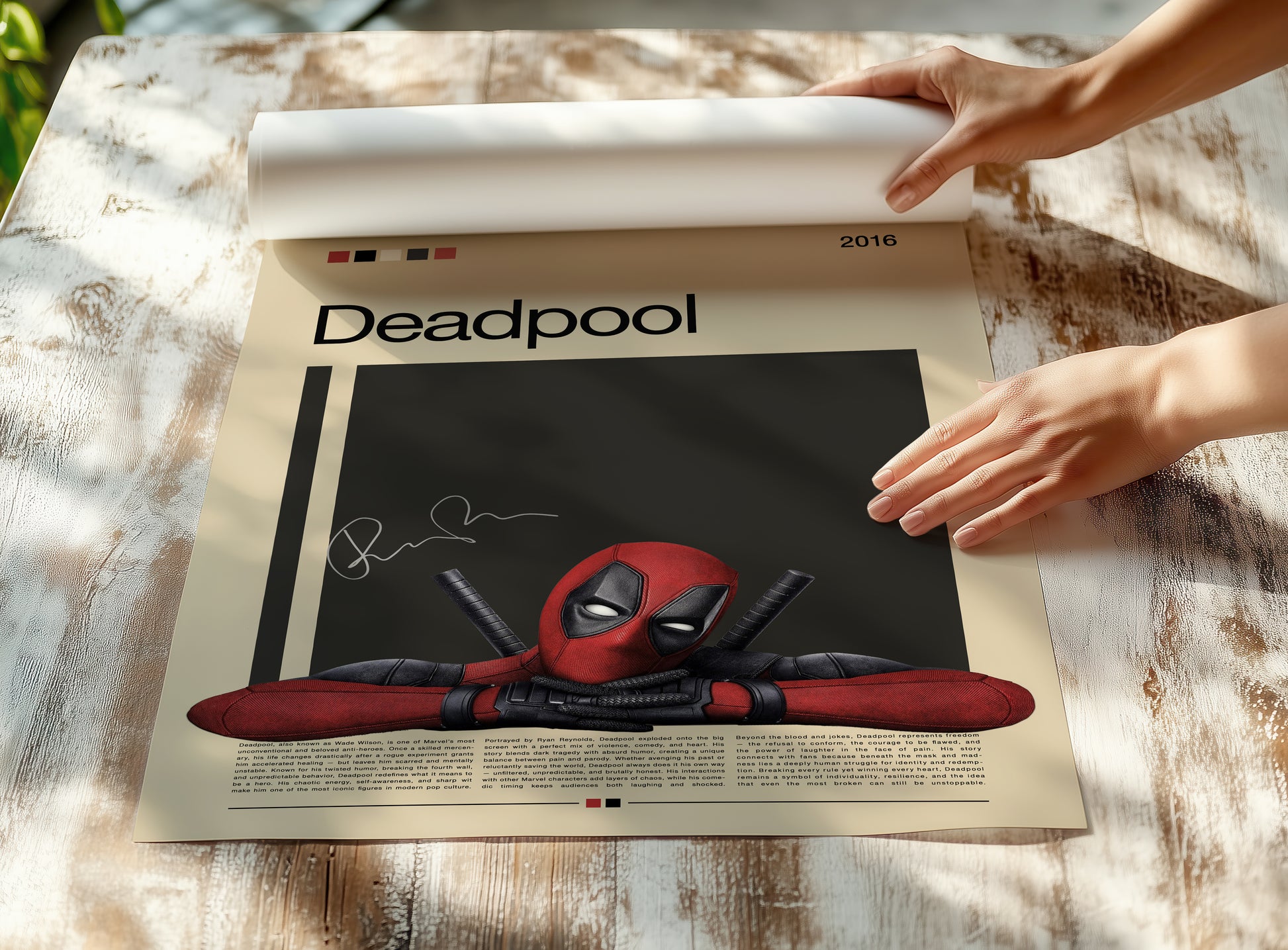Minimalist Deadpool poster featuring the red-and-black Marvel antihero leaning on his arms with katanas behind him. Clean beige and black background design with cinematic lighting. Perfect for Marvel fans, collectors, and modern wall decor enthusiasts.
