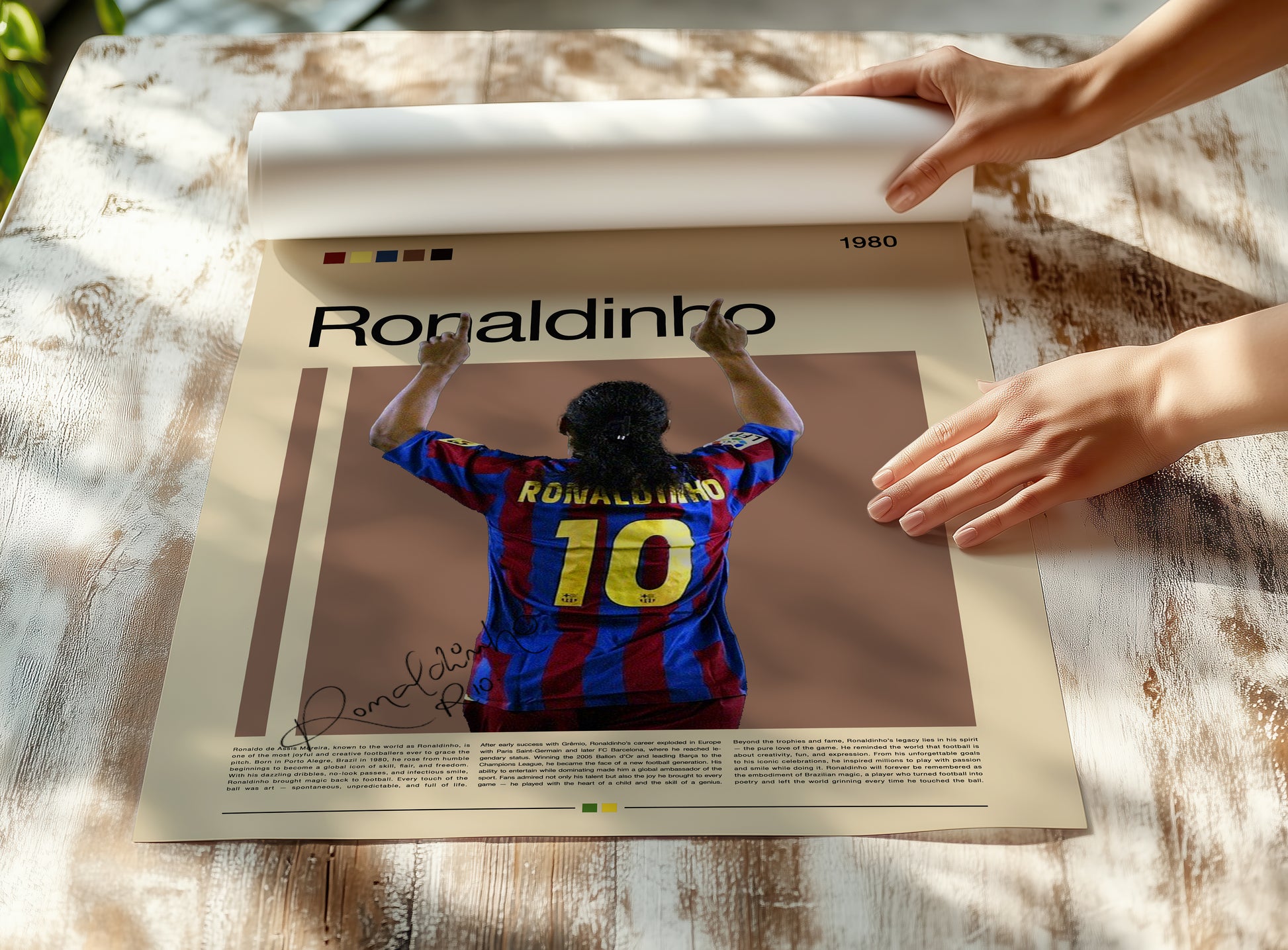 Vintage Ronaldinho poster featuring the Brazilian football legend in his FC Barcelona jersey with raised arms, celebrating his iconic number 10 legacy. Minimalist design with retro tones, perfect wall art for football lovers, collectors, and those who appreciate the artistry and emotion of the beautiful game.