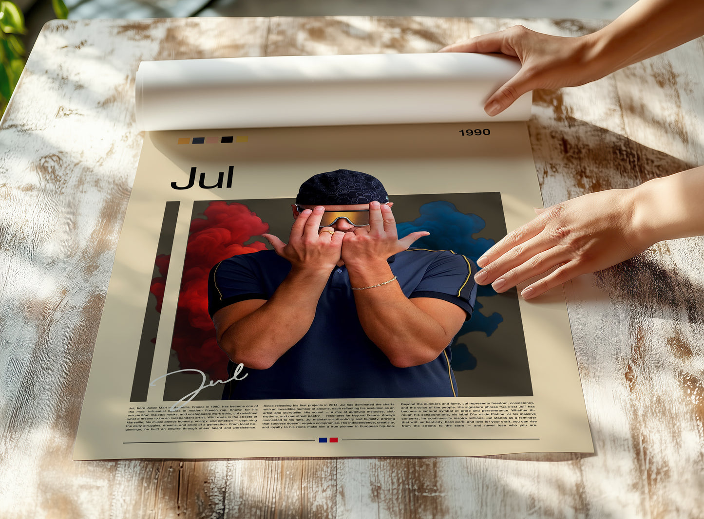 Minimalist Jul poster featuring the French rap artist with bold red and blue smoke background. Perfect hip-hop wall art for modern interiors, music lovers, and collectors. High-resolution digital download printable for home decor.