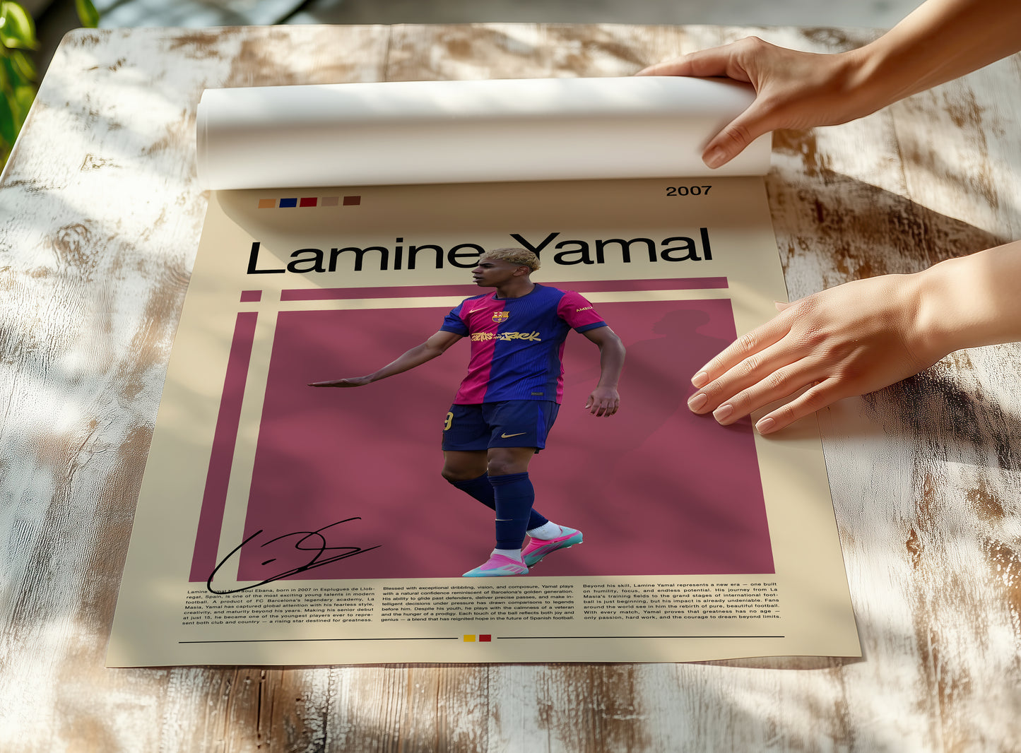 Modern poster of Lamine Yamal, FC Barcelona’s rising football prodigy, captured mid-celebration in his red and blue jersey. Stylish minimalist layout with vintage-inspired tones, perfect wall art for sports fans, young athletes, and anyone inspired by new-generation football icons.
