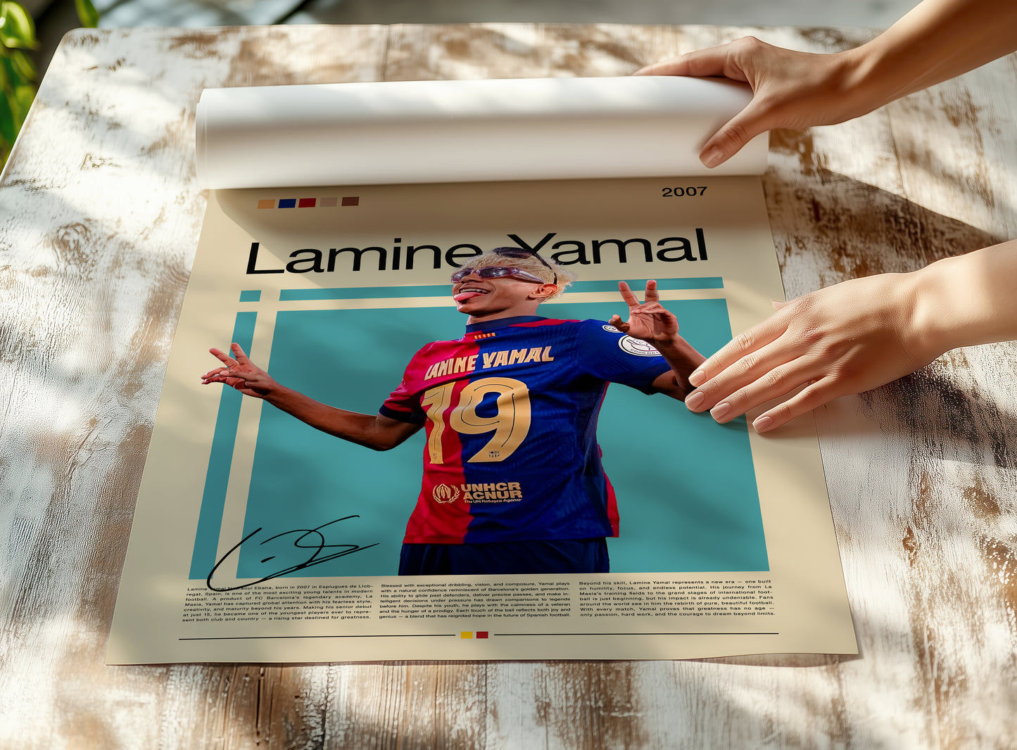 Poster of Lamine Yamal, FC Barcelona’s young football sensation, wearing the number 19 jersey. The design combines vintage tones with modern minimalism, celebrating the Spanish wonderkid’s talent, creativity, and confidence. Perfect wall art for football lovers, collectors, and sports enthusiasts worldwide.
