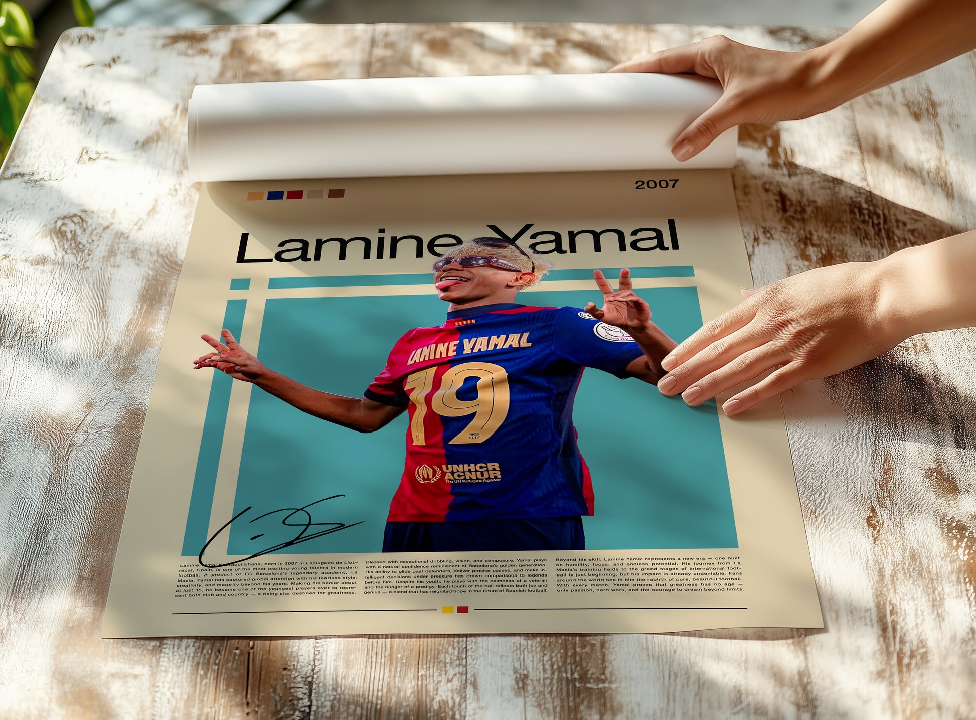 Poster of Lamine Yamal, FC Barcelona’s young football sensation, wearing the number 19 jersey. The design combines vintage tones with modern minimalism, celebrating the Spanish wonderkid’s talent, creativity, and confidence. Perfect wall art for football lovers, collectors, and sports enthusiasts worldwide.