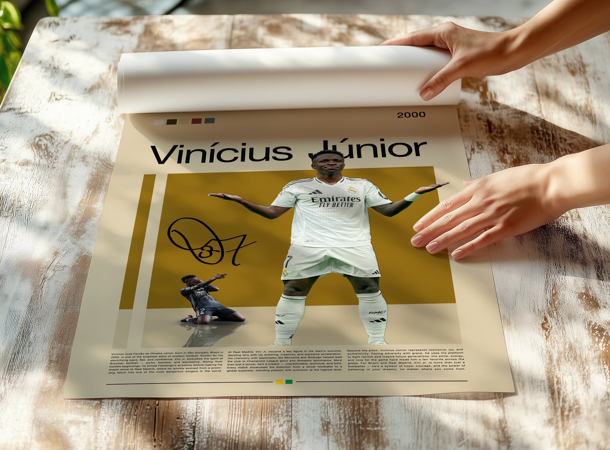 Vinícius Júnior Real Madrid football poster featuring the Brazilian superstar in a bold pose. Perfect for soccer fans, sports enthusiasts, and modern wall decor. High-quality digital artwork ideal for printing or display.