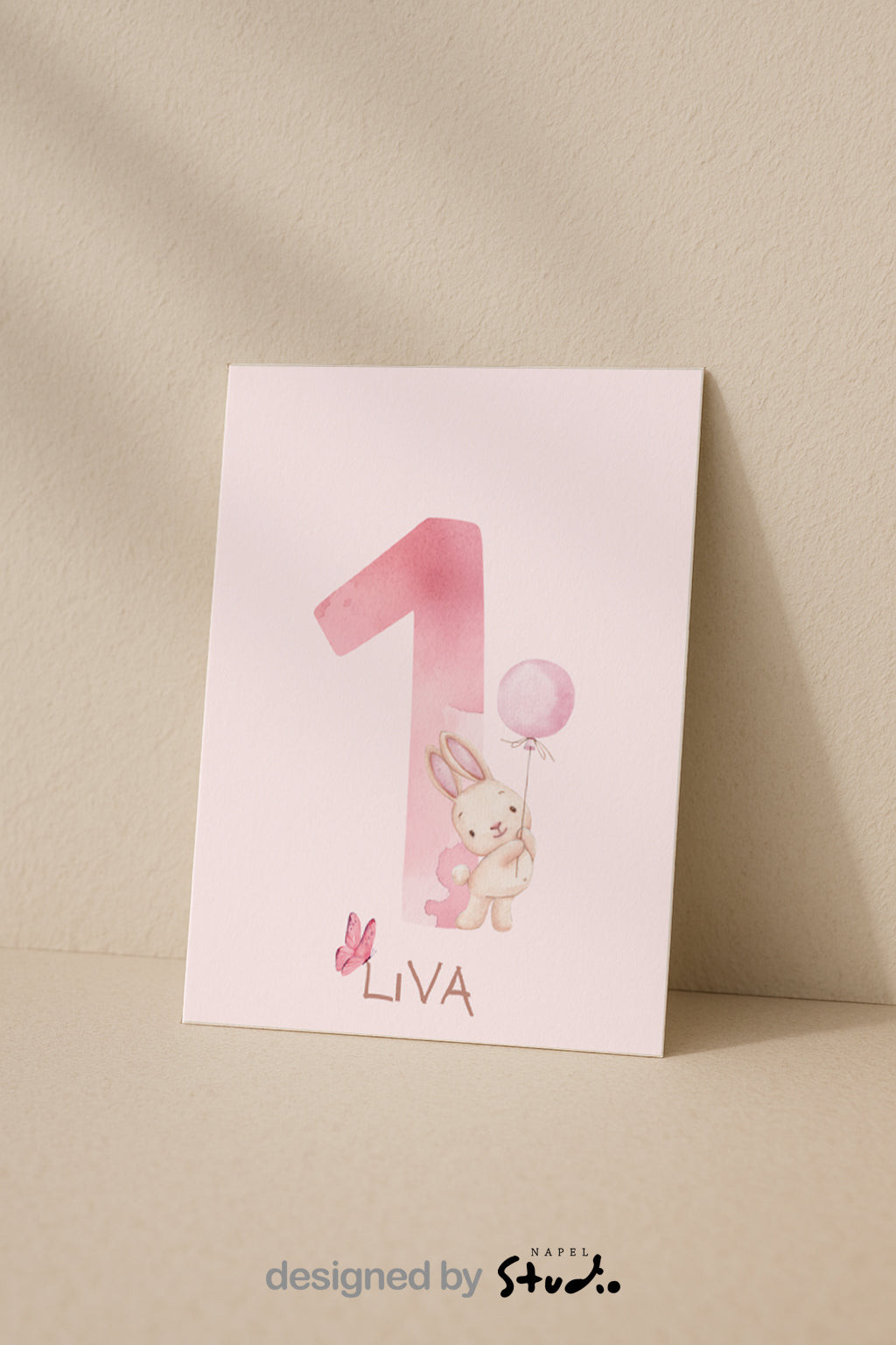 Personalisierte Geburtstagskarte 1. Geburtstag | Rosa Häschen und Ballon