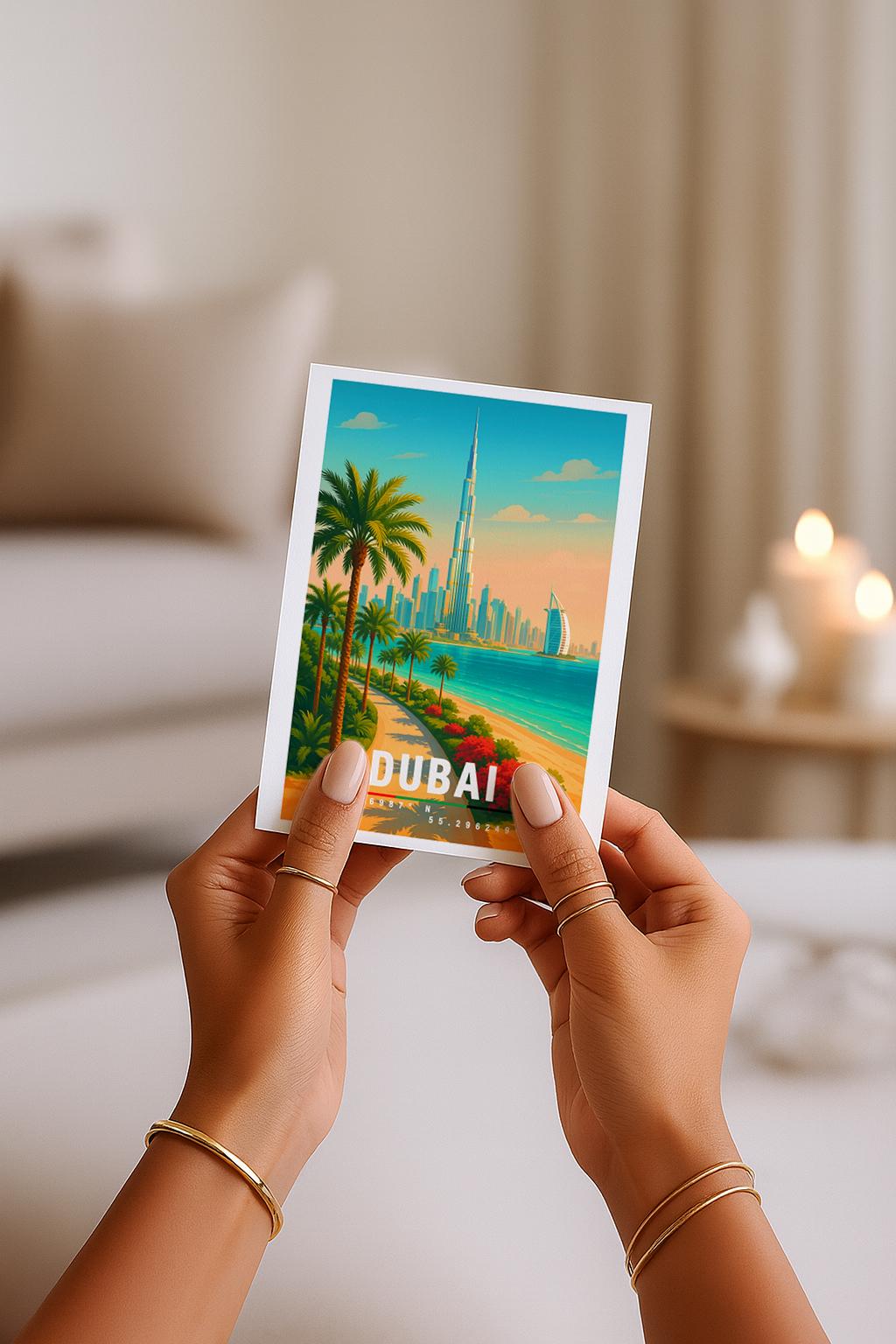 Illustrative Dubai-Grußkarte mit der Skyline, dem Burj Khalifa, Palmen und dem türkisfarbenen Meer. Warme Farben, moderner Reiseposter-Stil, klare Formen. Ideal als Glückwunschkarte, Urlaubskarte oder für Reisebegeisterte. Hochwertiges Design mit elegantem Stadtmotiv.