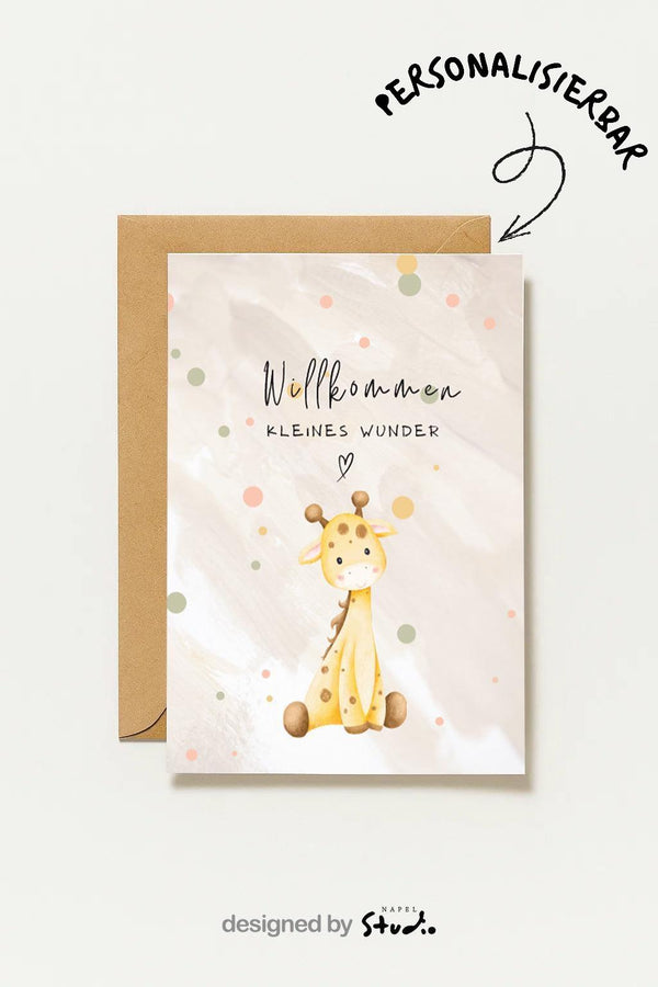 Zur Geburt Babykarte Giraffe Willkommen Kleines Wunder Geburt Junge Mädchen Niedliche Tier Illustration