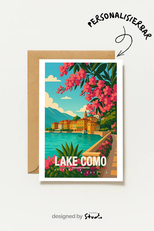 Lake Como Italien Vintage Reisemotiv Aquarell Landschaftskarte Für Urlaub & Geschenk