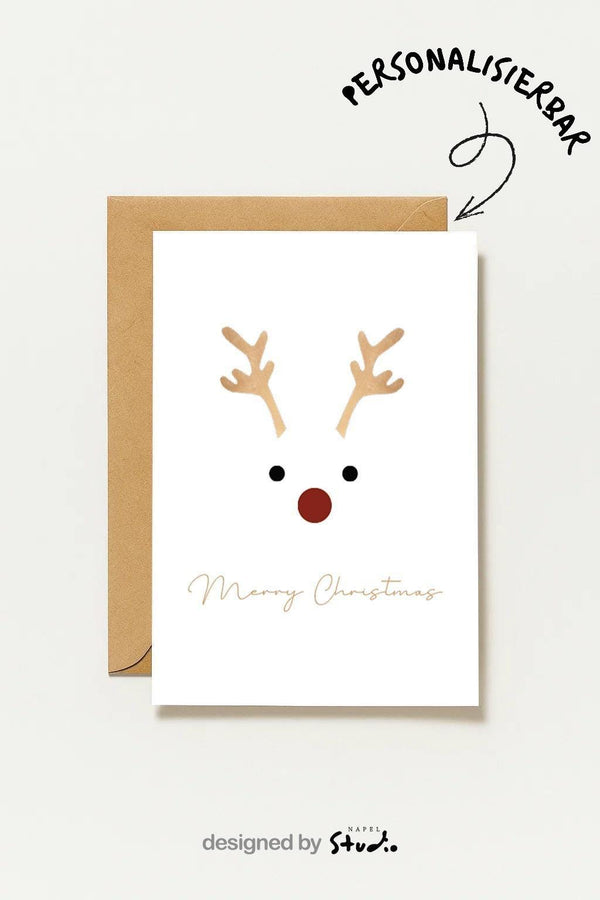 Minimalistische Weihnachtskarte Rentier Schlichte Xmas Mit Roter Nase & Geweih – Elegante Weihnachtspost Für Familie Und Freunde