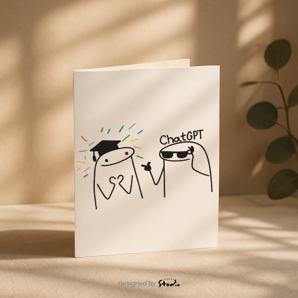 Illustration einer humorvollen Gratulationskarte im minimalistischen Cartoon-Stil. Links eine Figur mit Abschlusskappe und bunten Konfetti-Strahlen, rechts eine Figur mit Sonnenbrille und „ChatGPT“-Schriftzug. Weißer Hintergrund, klare Linien, modernes süßes Design. Perfekt als Glückwunsch- oder Abschlusskarte.
