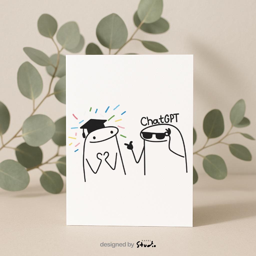 Illustration einer humorvollen Gratulationskarte im minimalistischen Cartoon-Stil. Links eine Figur mit Abschlusskappe und bunten Konfetti-Strahlen, rechts eine Figur mit Sonnenbrille und „ChatGPT“-Schriftzug. Weißer Hintergrund, klare Linien, modernes süßes Design. Perfekt als Glückwunsch- oder Abschlusskarte.