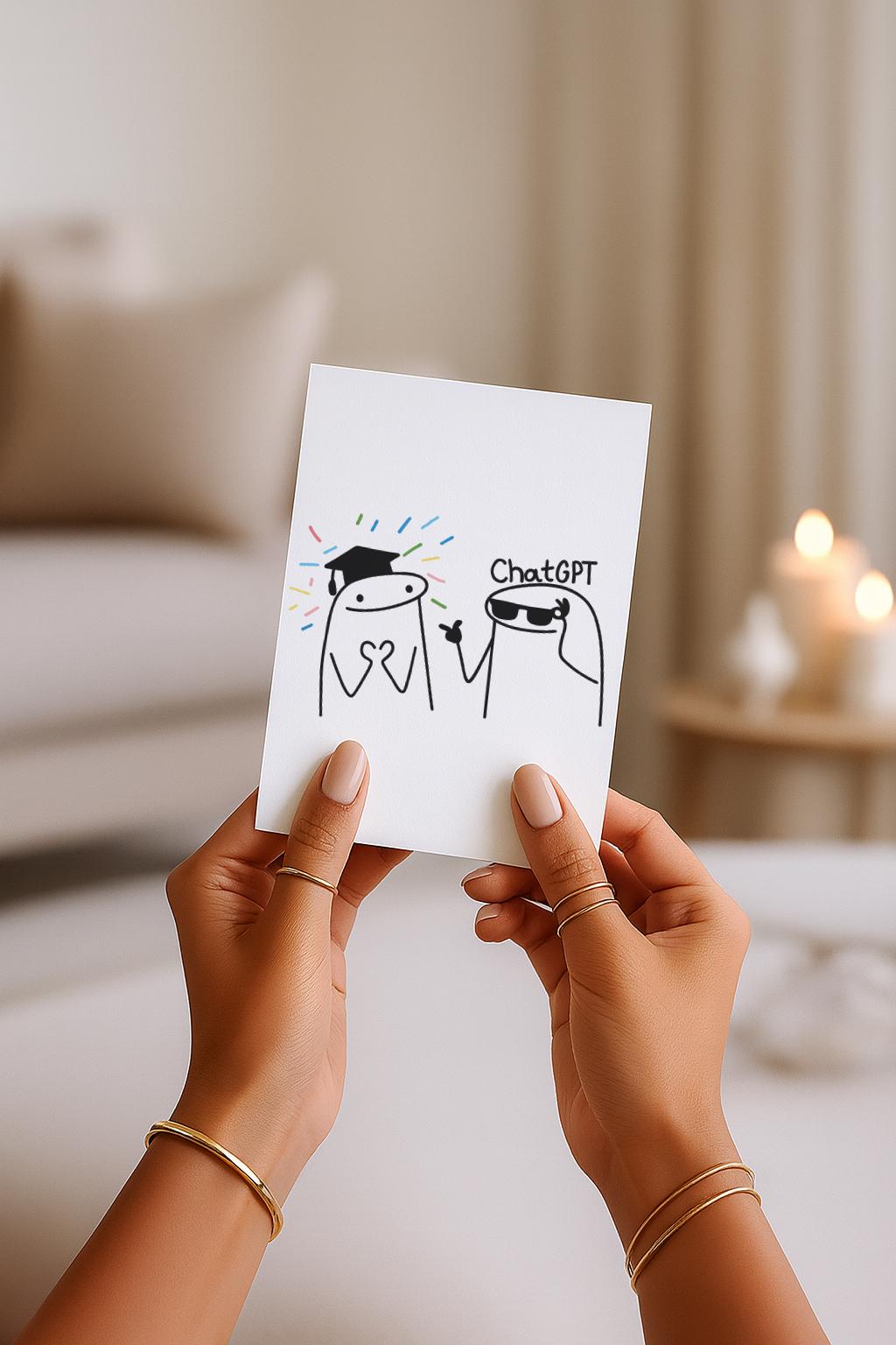 Illustration einer humorvollen Gratulationskarte im minimalistischen Cartoon-Stil. Links eine Figur mit Abschlusskappe und bunten Konfetti-Strahlen, rechts eine Figur mit Sonnenbrille und „ChatGPT“-Schriftzug. Weißer Hintergrund, klare Linien, modernes süßes Design. Perfekt als Glückwunsch- oder Abschlusskarte.