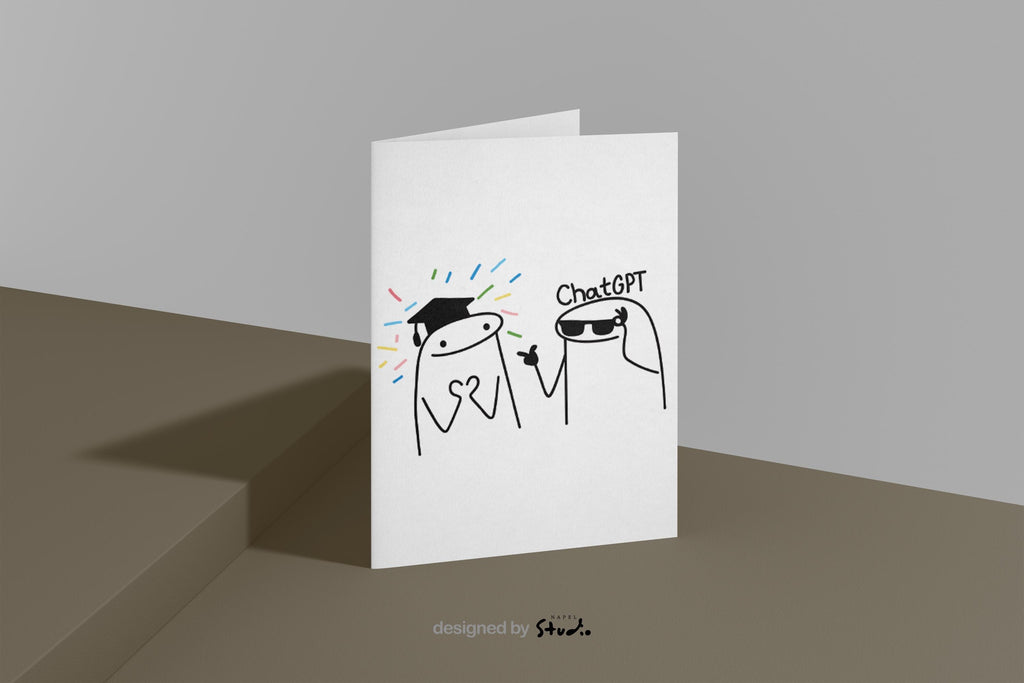 Illustration einer humorvollen Gratulationskarte im minimalistischen Cartoon-Stil. Links eine Figur mit Abschlusskappe und bunten Konfetti-Strahlen, rechts eine Figur mit Sonnenbrille und „ChatGPT“-Schriftzug. Weißer Hintergrund, klare Linien, modernes süßes Design. Perfekt als Glückwunsch- oder Abschlusskarte.