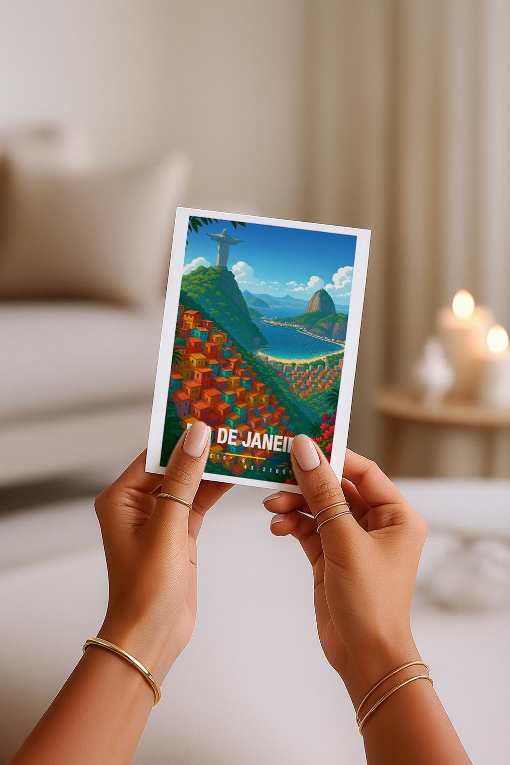 A6 Grußkarte mit bunter Illustration von Rio de Janeiro. Im Vordergrund leuchtende Favela-Häuser in Orange, Rot und Türkis, im Hintergrund die Christusstatue auf dem Berg, das Meer und die grünen Hügel. Unten steht „Rio de Janeiro“ mit Koordinaten. Farbenfrohe Reisekarte für Brasilien-Fans.